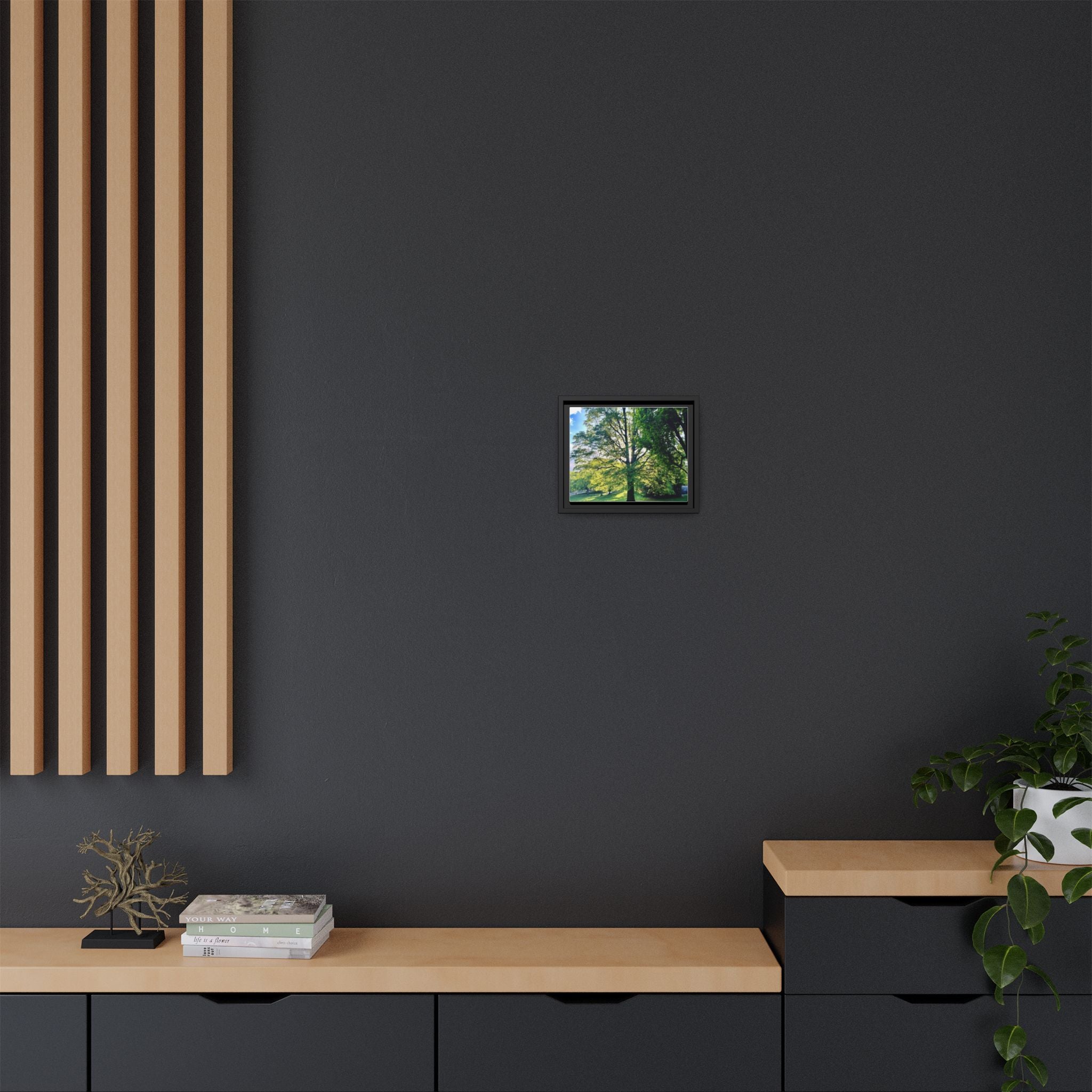 Framed Matte Canvas Wall Art — Sunlit Park Tree Landscape