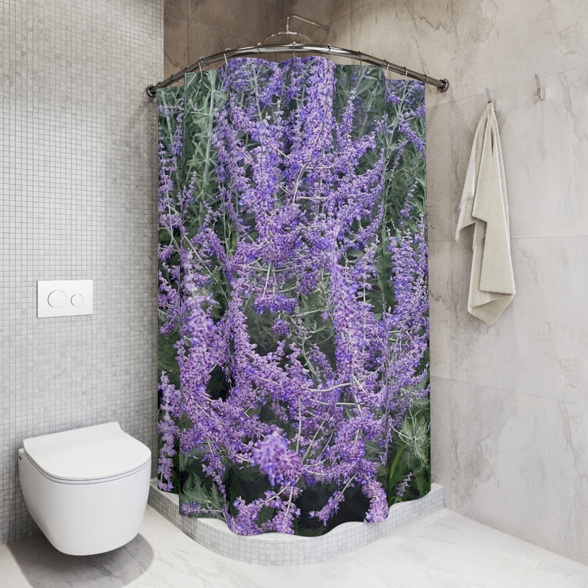 Lavender Field Shower Curtain — Botanical Purple Floral Bathroom Decor