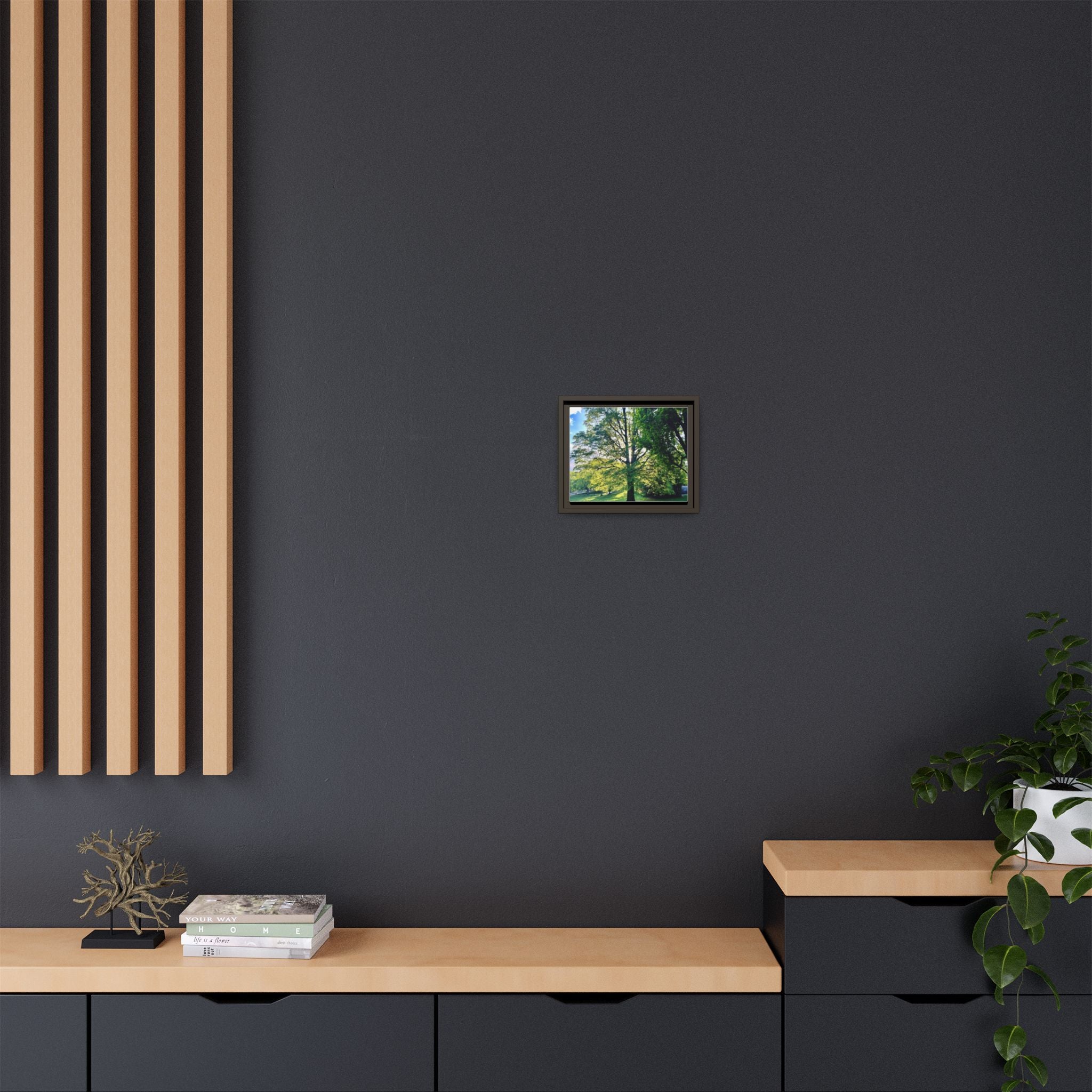 Framed Matte Canvas Wall Art — Sunlit Park Tree Landscape