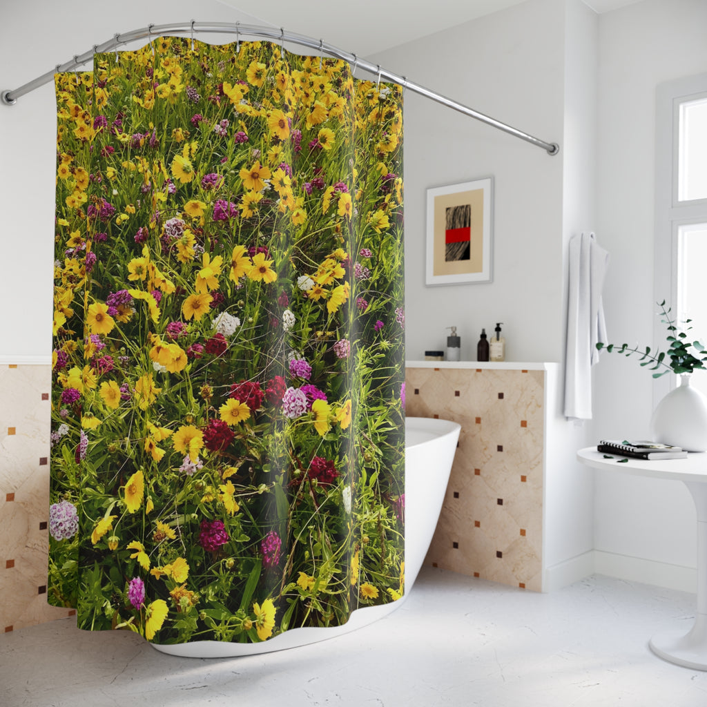 Wildflower Meadow Shower Curtain — Botanical Yellow Floral Bathroom Decor