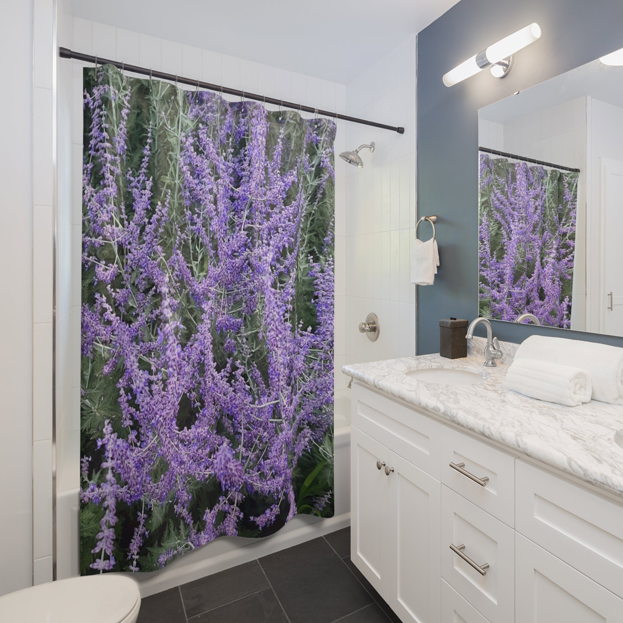 Lavender Field Shower Curtain — Botanical Purple Floral Bathroom Decor