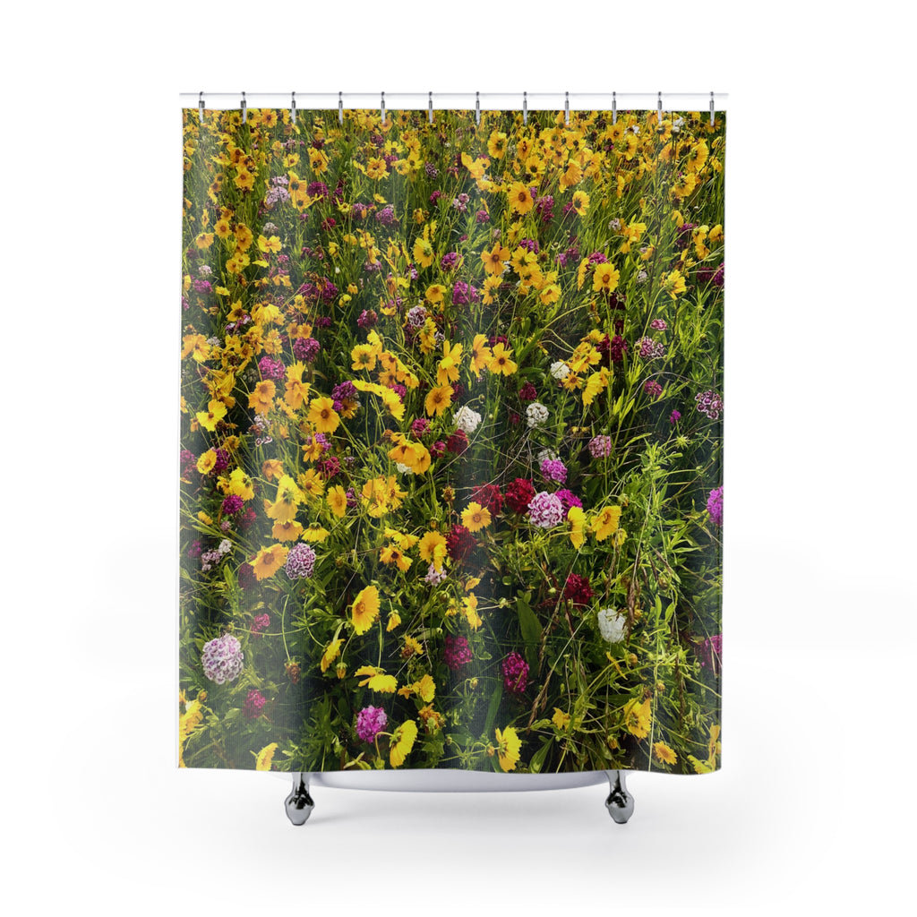 Wildflower Meadow Shower Curtain — Botanical Yellow Floral Bathroom Decor