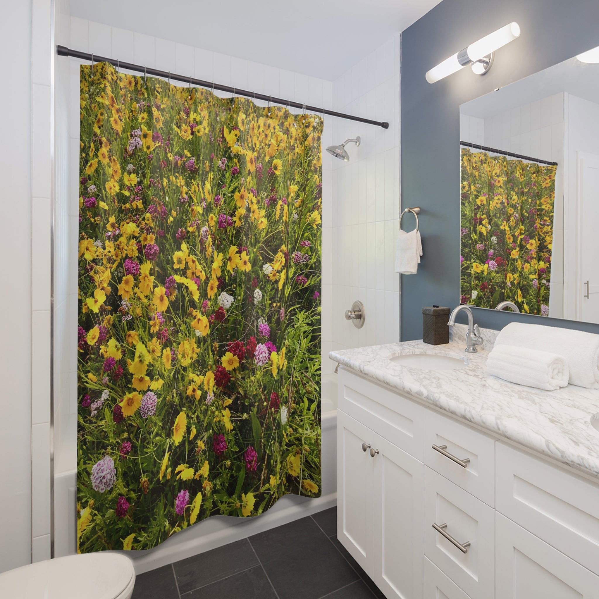 Wildflower Meadow Shower Curtain — Botanical Yellow Floral Bathroom Decor
