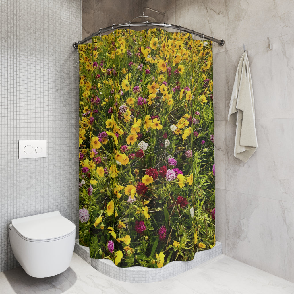 Wildflower Meadow Shower Curtain — Botanical Yellow Floral Bathroom Decor